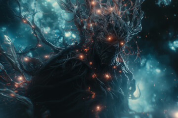 Ancient glowing tree spirit emerging from darkness