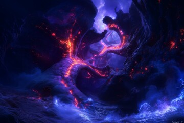 Surreal alien landscape with glowing lava and electric storms