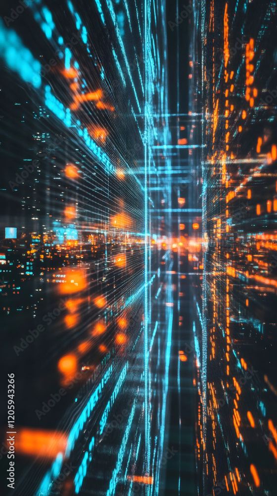 Aufkleber Complex lines of programming code creating an abstract technological tunnel leading to a bright digital city in the background