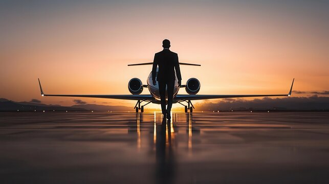Executive boarding a private jet on a glowing runway at dawn, creating a premium travel mood, runway, executive, private jet