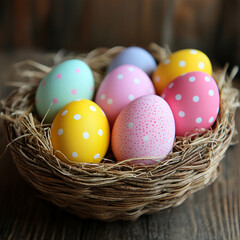 colorful Easter eggs in a wicker straw basket
