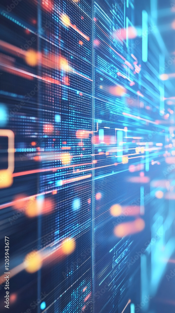 Aufkleber Sleek data center displaying digital screens, glowing code streaming across monitors with dynamic motion blur effect