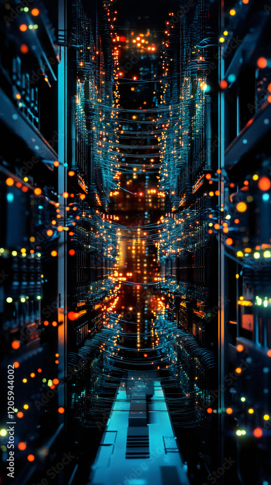 Poster intricately connecting servers, network cables illuminate a futuristic corridor in a data center, sy