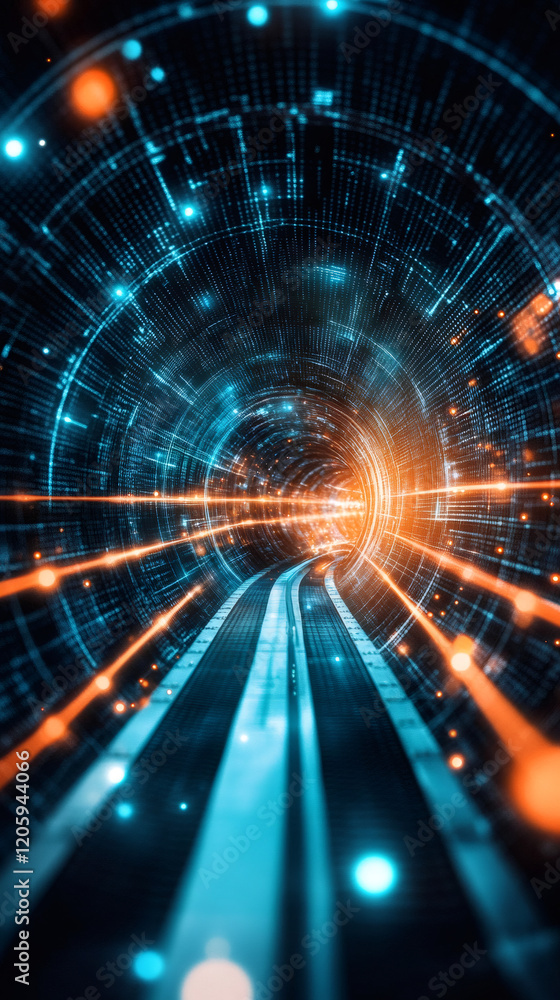 Poster futuristic tunnel with glowing lights representing digital data stream and fast internet connection