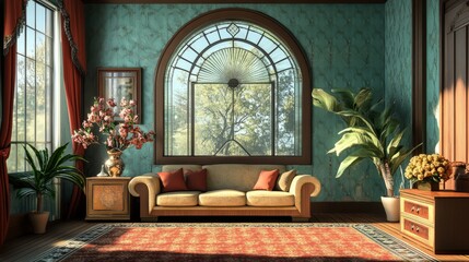 Art deco-inspired room with geometric patterns, luxurious fabrics, and elegant decor