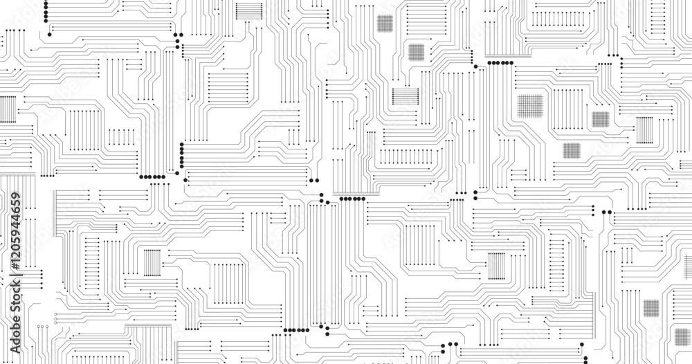 Poster circuit board technology copy space vector background. grayscale abstract scifi pcb trace data trans