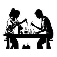Two people are sitting at a table with scientific equipment