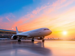 Business travel concept private jet near a sleek airport terminal at twilight, with soft glowing terminal lights, private jet, twilight, business travel
