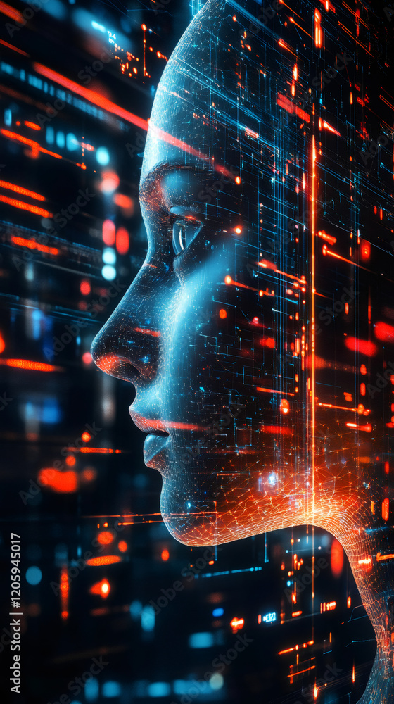 Poster Artificial intelligence processing data and generating innovative ideas in a technological background made of digital circuits and binary code
