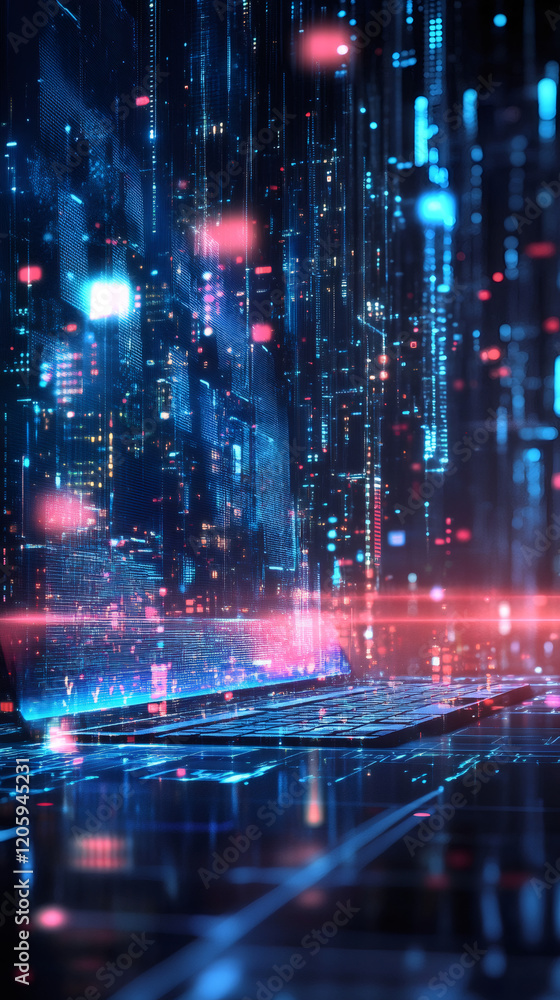 Aufkleber digital rain falling on futuristic laptop keyboard, creating a holographic projection of a city with