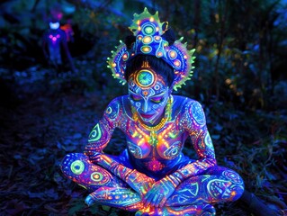 Woman with colorful fluorescent body painting at night in forest