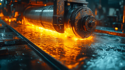 Metal rolling mill processing glowing hot steel in modern manufacturing facility, showcasing industrial metalworking technology in action
