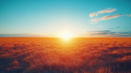 Obraz premium Golden sunset over vast prairie field, cloudy sky background, desktop wallpaper