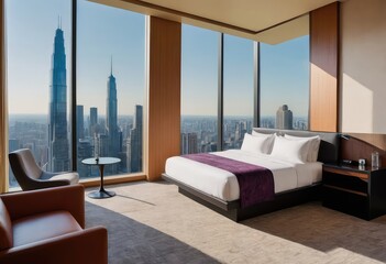 A hotel room with a large bed and impressive city skyline view