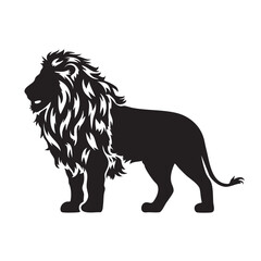 Obraz premium A flat silhouette of a lion standing tall, with its head turned to the side and a majestic mane flowing, black silhouette on a white background.