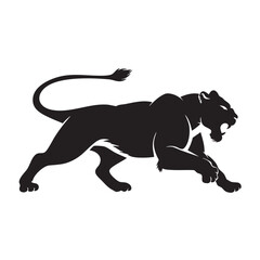 Naklejka premium A flat silhouette of a lion in a crouching position, ready to pounce, with its muscles tensed and tail extended, black silhouette on a white background.