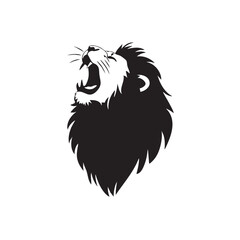 A flat silhouette of a lion roaring, with its mouth wide open and head tilted upward, black silhouette on a white background.