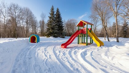 Terrain de jeu enneig&eacute; avec toboggan et man&egrave;ge. hiver, aire de jeux, neige, ext&eacute;rieur, amusement, enfants, jeu, mat&eacute;riel de jeu, froid-