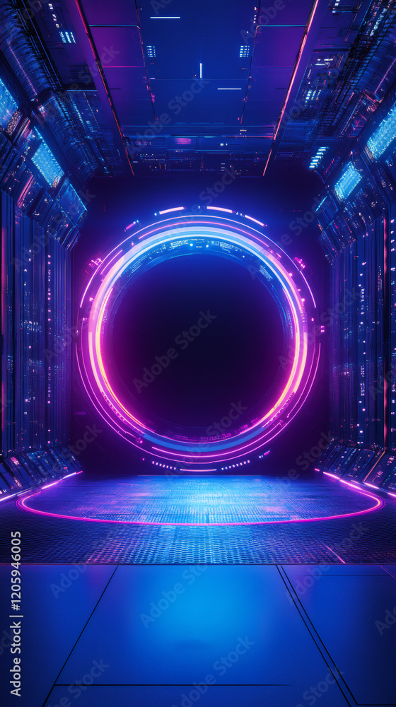 Poster luminescent circular portal glowing intensely through sleek technological hallway, radiating vivid e