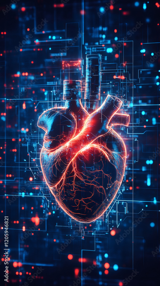 Poster Medical AI analyzing cardiac data, generating advanced healthcare visualization with digital interface tracking heart rhythms and signals