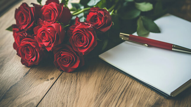 A romantic Valentine's Day scene featuring a blank white notebook, a beautiful bouquet of red roses, and a pen on a wooden table, perfect for writing heartfelt love letters, notes, and sweet messages 