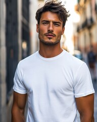 Handsome latino male model posing in city street wearing white t shirt
