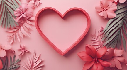 Obraz premium Romantic Pink Heart Frame with Paper Flowers and Tropical Leaves