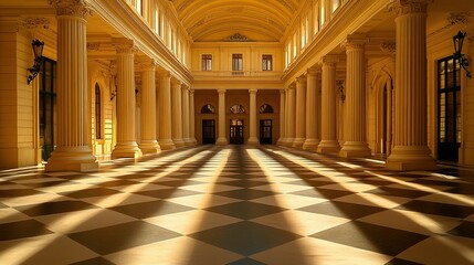 Grand hall interior, columns, checkered floor, sunlight, potential event space