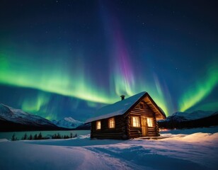 Cozy cabin in a snowy field under the stunning aurora borealis
