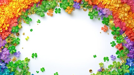 Obraz premium Vibrant Rainbow Background Adorned with Lush Shamrock Leaves and Colorful Blossoms in Springtime Glow