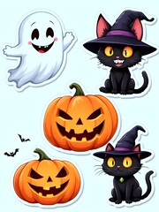 Fototapeta premium Ghostly Creature Stickers: A cheerful ghost, a smiling pumpkin, a glowing skull, a playful bat and a cute witch