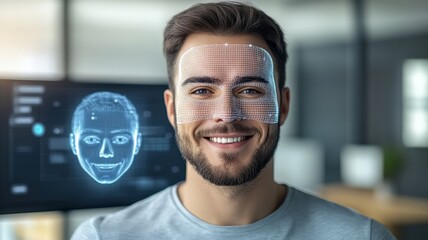 Smiling man with facial recognition grid overlay in a modern office highlighting AI-driven biometric technology.