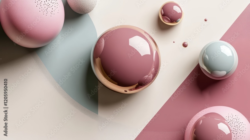 Poster spheres balancing on colorful geometric background creating abstract design