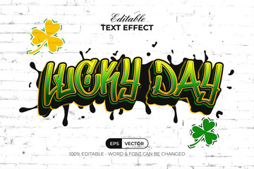 Lucky Day Text Effect Graffiti Style. Editable Text Effect With Shamrock Clover Elements.