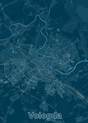 This is a detailed map of the city of Vologda, Russia. The map is rendered in a minimalist style with a dark blue background and white lines representing roads and waterways.