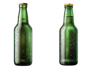 Set of a Green beer bottle with water droplets on the glass, isolated on transparent background.