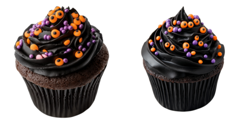Set of a Halloween cupcake with black frosting and orange and purple sprinkles that look like eyes, isolated on transparent background .