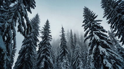 Obraz premium Hiking with snowshoes in Swiss Alps during white winter day; snowy forest in mountains