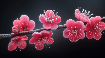 Red plum blossoms against black background with falling snowflakes, winter scenic beauty, sharp focus on flora and crystals
