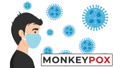 Monkeypox outbreak concept banner. Infected man from monkey flat illustration. Monkeypox on human skin. man wearing health mask