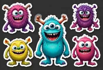 Fototapeta premium Funny Monster Stickers: Smiling Furry Monsters