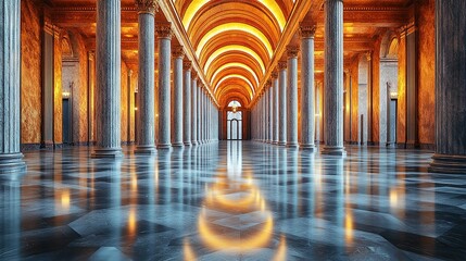 Grand hall with marble columns, glowing arches, shiny floor for events