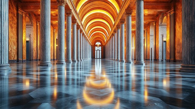 Grand hall with marble columns, glowing arches, shiny floor for events