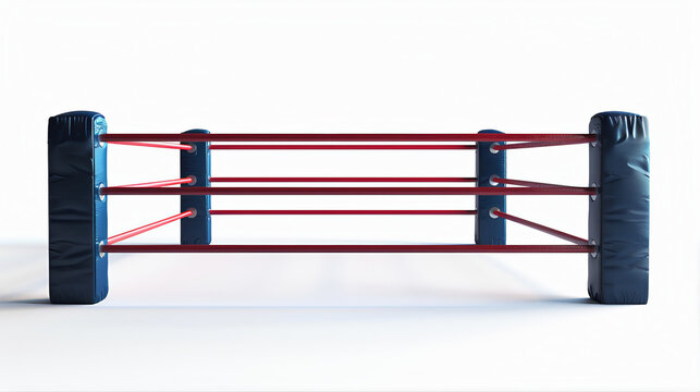 Professional boxing ring with red ropes and blue corner pads, empty wrestling arena stage, 3D sports competition platform on white background