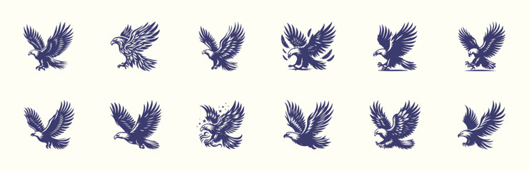 Set of bald eagle, silhouette, vector illustration