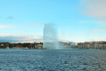 Picturesque view of the Geneva fountain Jet D'eau on Geneva lake