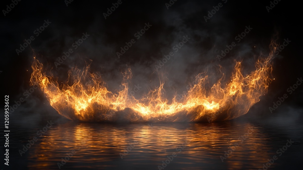 Poster mysterious scene of fire dancing on water surface creating an enigmatic and surreal atmosphere