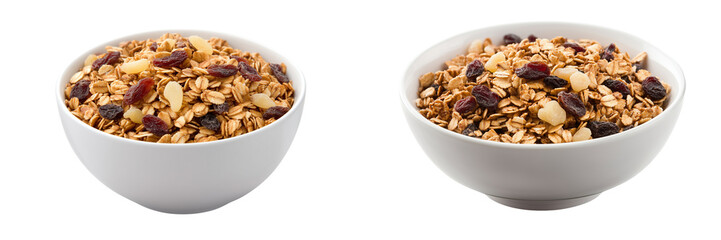 Set of a bowl of granola with dried fruits, isolated on transparent background.
