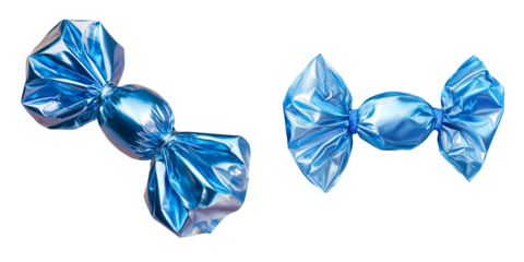 Set of a Blue candy in foil with ribbon, isolated on transparent background.