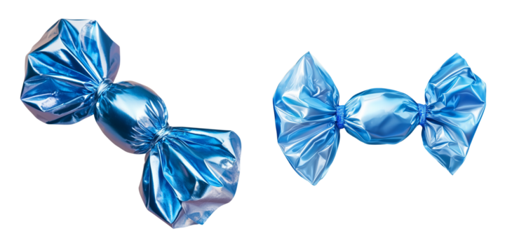 Set of a Blue candy in foil with ribbon, isolated on transparent background.